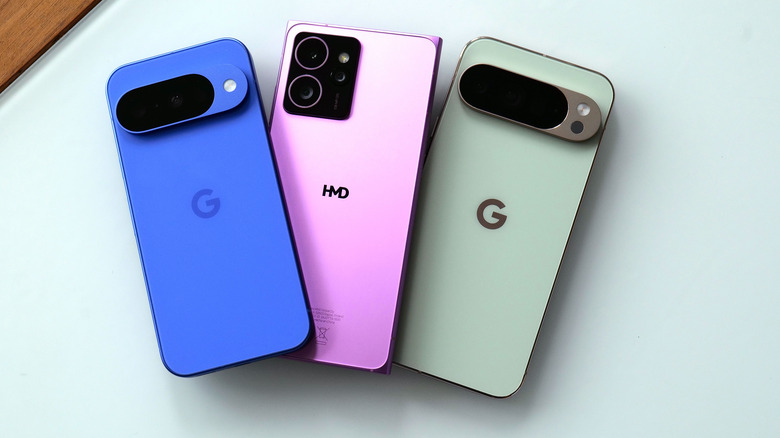 Here are all the phones that support Qi2 wireless charging as of August 2025. From right to left: the Pixel 10, the HMD Skyline and the Pixel 10 Pro/Pro XL. 