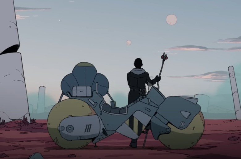 A still showing a lady on a planet.