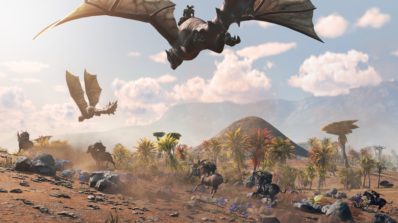 An image of flying birds and animals on a plain. 