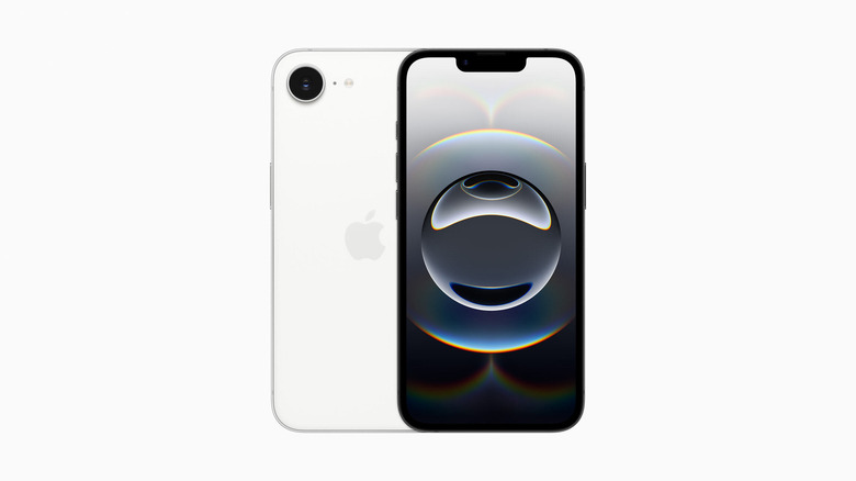 The iPhone 16e front and back on a white background. 