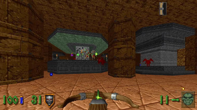 A screenshot of a crossbow shooting enemies from Heretic + Hexen.