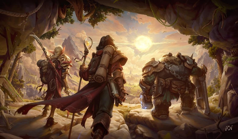 Fantasy art, showing three figures from behind, overlooking a bright world. On the left appears to be an elf, a human in the center and a dwarf paladin on the right.