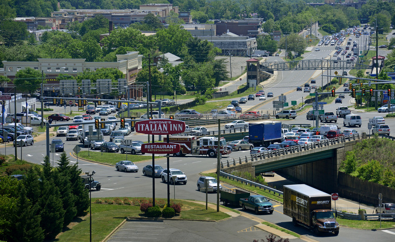 FALLS CHURCH, VA - MAY 22:  View looking southwest down Arlington Blvd. at the busy intersection of seven corners in Falls Church, VA on May 22, 2015.      Officials are currently looking at a plan that would create three walking-friendly villages at this intersection. (Photo by Linda Davidson / The Washington Post via Getty Images)