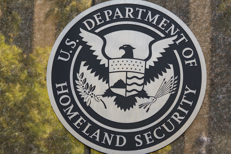 SAN DIEGO, CALIFORNIA - JANUARY 16: The U.S. Department Of Homeland Security logo is displayed at a Citizenship and Immigration Services office on January 16, 2026 in San Diego, CA. (Photo by Kevin Carter/Getty Images)