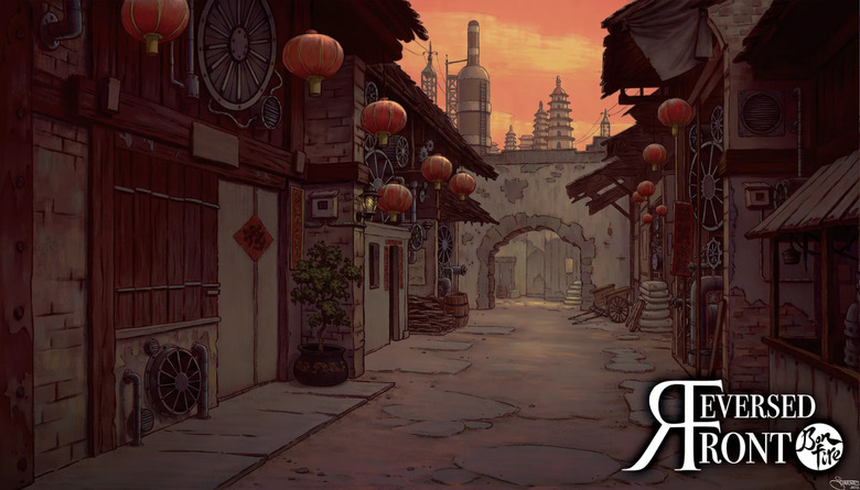 Illustration of a traditional town with red lanterns and big industrial buildings in the background.