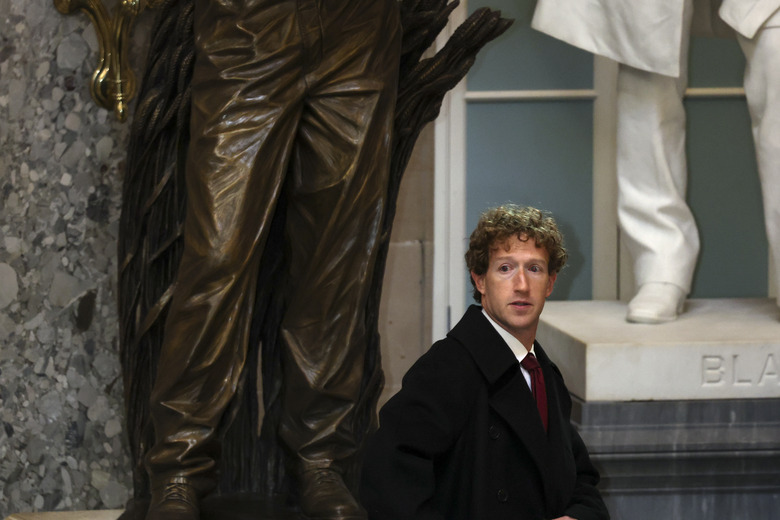 Washington , DC - January 20: Meta CEO Mark Zuckerberg seen on Capitol Hill following the 60th inaugural ceremonies on January 20, 2025, in Washington, DC. Trump becomes the 47th president of the United States in a rare indoor inauguration ceremony. The parade was also moved inside Capitol One Arena due to weather.  (Photo by Tom Brenner for The Washington Post via Getty Images)