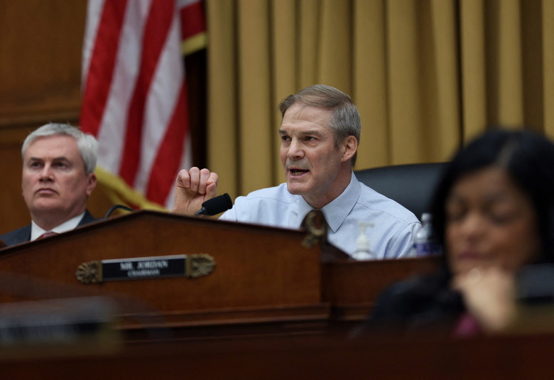 U.S. Rep. Jim Jordan (R-OH), Chairman of the House Judiciary Committee, asks questions during a hearing featuring the testimony of Special Counsel Robert Hur about Hur’s inquiry into President Biden's handling of classified documents, on Capitol Hill in Washington, U.S., March 12, 2024. REUTERS/Leah Millis