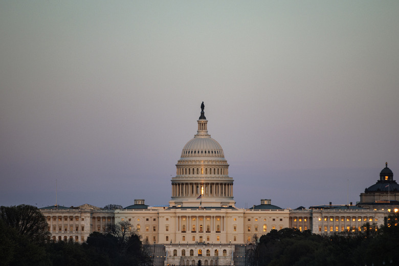 WASHINGTON, DC - MARCH 16: The U.S. Capitol building is seen from the base of the Washington Monument as the sun sets over the National Mall on March 16, 2024 in Washington, DC. (Photo by Samuel Corum/Getty Images)