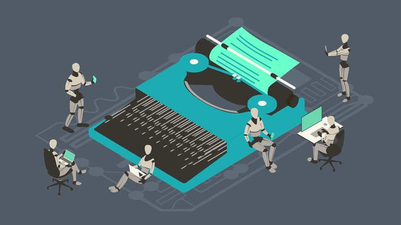 Six robots gather around an oversized typewriter using their own laptops, tablets, and phones, illustrating the concept of writing or journalism work being performed by artificial intelligence. Illustration uses a unified palette of neutral and turquoise colors, comprised of vector shapes over a dark gray background on a 16x9 artboard, and presented in isometric view.