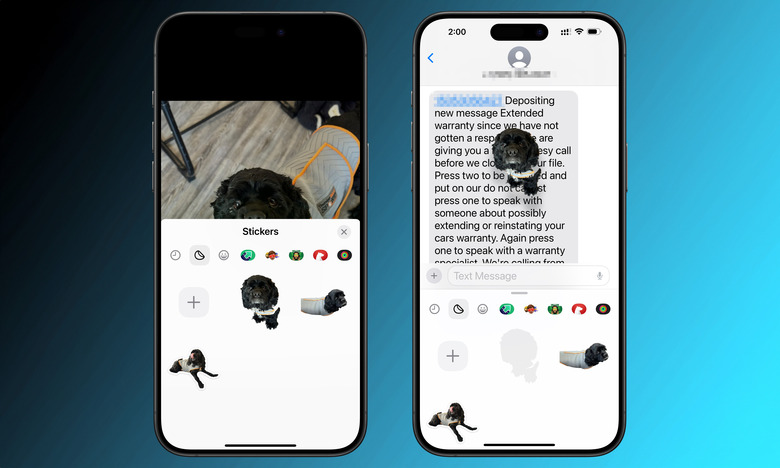 Two iPhones sitting side-by-side in front of a blue / black gradient. The iPhones' screens show the creation process for custom stickers from photos in iOS 17. A black cocker spaniel is the sticker.