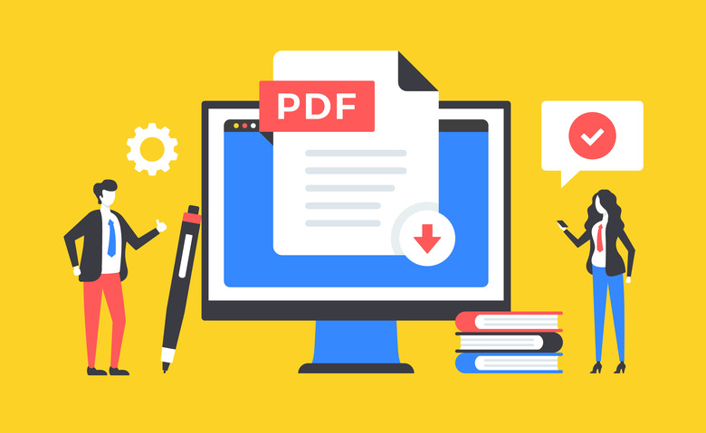 Download PDF document. People and PDF file with download arrow on screen. Downloading concepts. Modern graphic elements set. Vector illustration