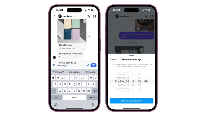 A chat screen with a message, and the scheduling menu in Instagram.