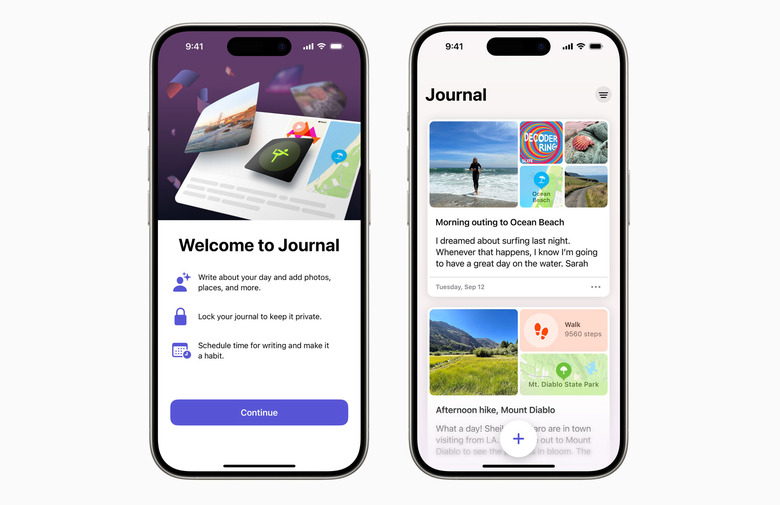 Two phone screen renderings show off the Apple Journal App.