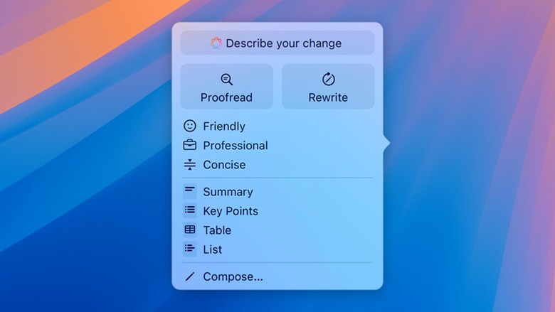 The new Writing Tools Menu in MacOS