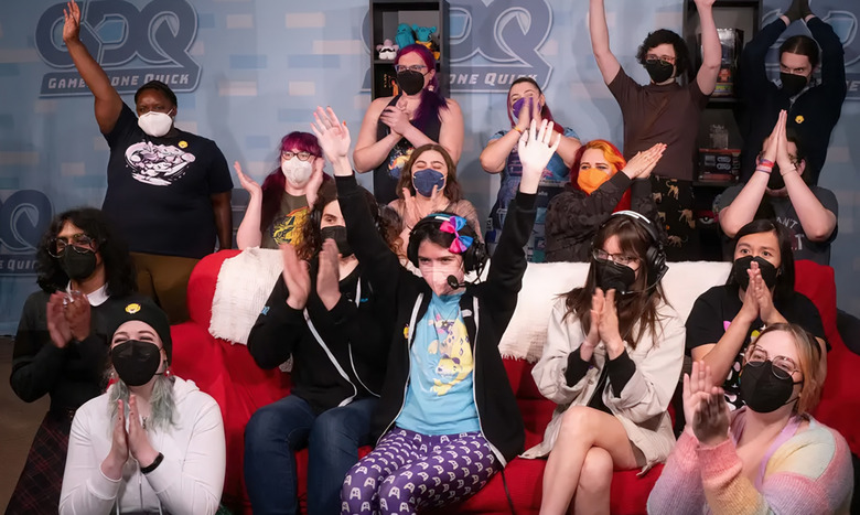 Photo of a group of women and femme speedrunners cheering during Flame Fatales.