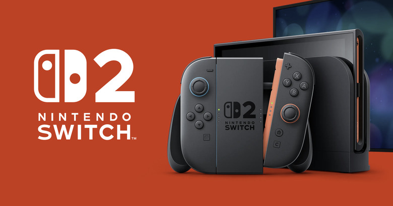 A Nintendo Switch 2 system in front of a TV on a read background.