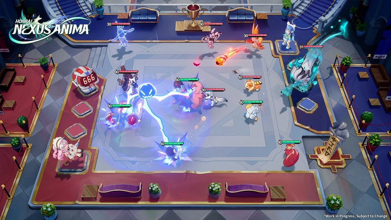 Gameplay still from the upcoming game Honkai: Nexus Anima. Creatures on a board, fighting. Yippee!!