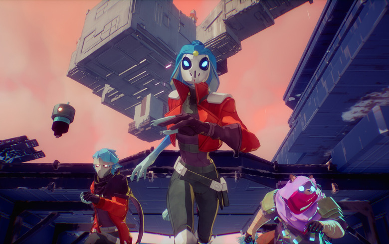 Computer generated images with three humanoid characters and machinery in the background.