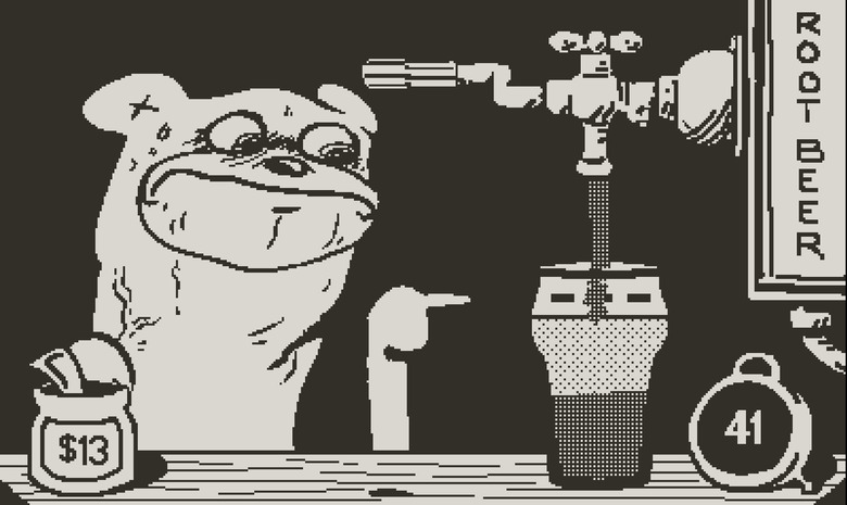 A still from the Playdate game Root Bear showing an anxious looking bear watching soda be poured into a glass from a tap