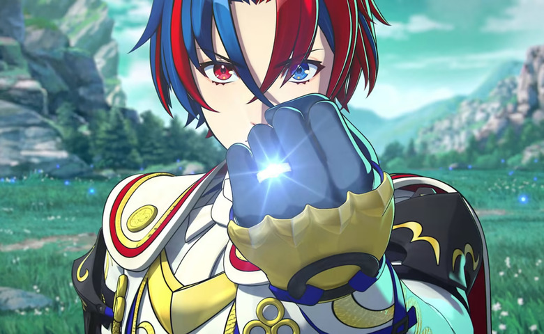 An animated character with red and blue hair.