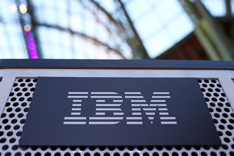The logo of IBM is seen during the Adopt AI International Summit at the Grand Palais in Paris, France, November 26, 2025. REUTERS/Abdul Saboor