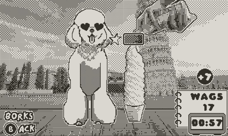 A still from the Playdate game Pup Cup showing a poodle with hear-eyes looking at a cup filled with a towering heap of whipped cream