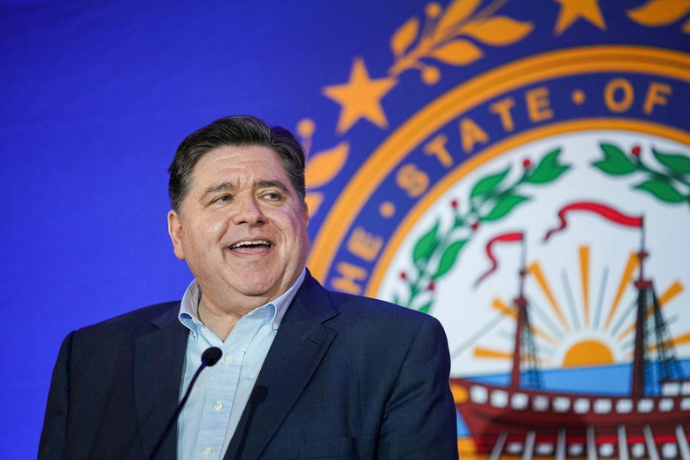 Illinois Governor JB Pritzker speaks at the New Hampshire Democratic Party McIntyre-Shaheen Dinner in Manchester, New Hampshire, U.S., April 27, 2025.  REUTERS/Sophie Park