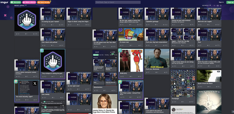 Screenshot of spam memes protest on the Imgur homepage, August 25, 2025.