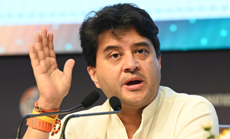 NEW DELHI, INDIA - OCTOBER 17:  Union Minister of Communications and Development of North Eastern Region Jyotiraditya M. Scindia with Sukanta Majumdar and others address media person at National Media Centre, Raisina Road  on October 17, 2025 in New Delhi, India.   (Photo by Sonu Mehta/Hindustan Times via Getty Images)