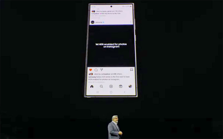 A Samsung Galaxy S24 displays an Instagram feed entry stating it's the 