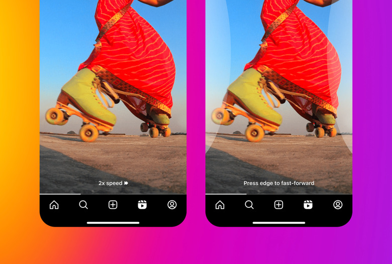 Screenshots of Instagram Reels showing a person in a red dress and green rollerskates.