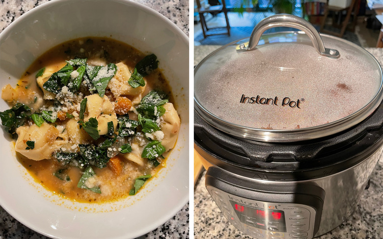 Two photos arranged side by side: vegetable-tortellini soup sprinkled with parmesan, and the Instant Pot being used with a tempered glass lid meant for slow cooking.