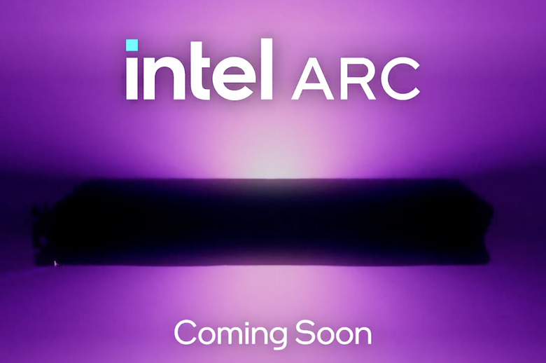 The words Intel Arc are shown above a blacked-out image of a GPU and the words Coming soon, with a purple gradient background
