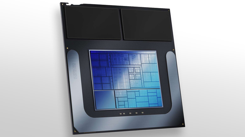 Marketing image of an Intel silicon chip against a gray gradient background.
