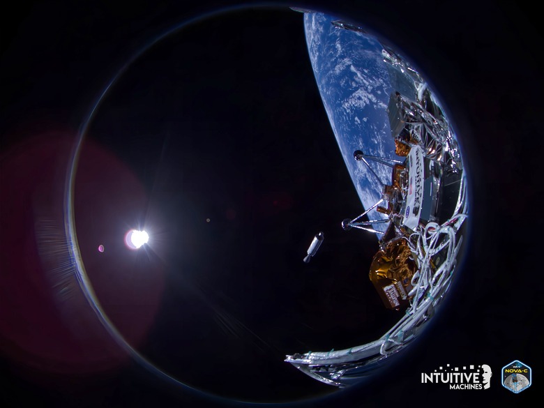 A fisheye view showing part of the NOVA-C lander with a portion of Earth in the background along with a Falcon 9 upper stage falling away