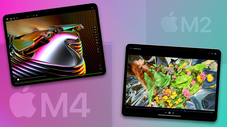 Colorful graphic showing two iPads in front of a gradient background. Faded 
