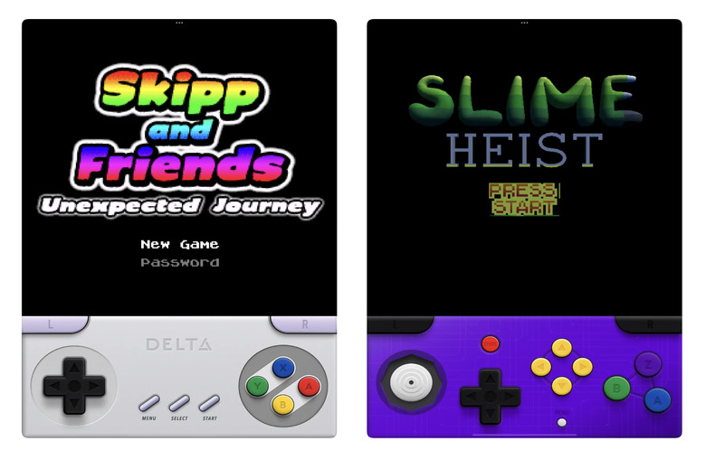 Mockups showing the Delta game emulator running on two iPad displays