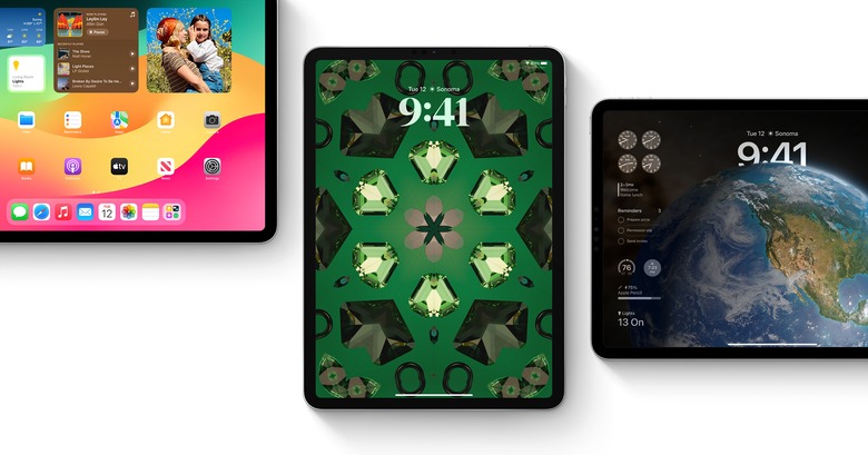 Montage of three iPads with various new features on their screens