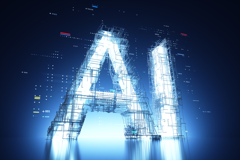 Digital generated image of huge AI letters surrounded by construction cubic structured network standing on blue reflective background visualising smart technology, blockchain and artificial intelligence.