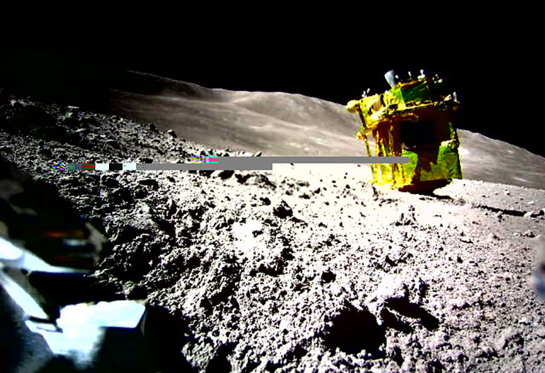 Japan's SLIM lunar lander shown upside down on the Moon's surface.