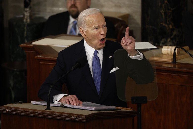 WASHINGTON, DC - MARCH 07: WASHINGTON, DC - MARCH 07: U.S. President Joe Biden delivers the State of the Union address during a joint meeting of Congress in the House chamber at the U.S. Capitol on March 07, 2024 in Washington, DC. This is Biden’s last State of the Union address before the general election this coming November. Biden was joined by Vice President Kamala Harris and Speaker of the House Mike Johnson (R-LA). (Photo by Chip Somodevilla/Getty Images)