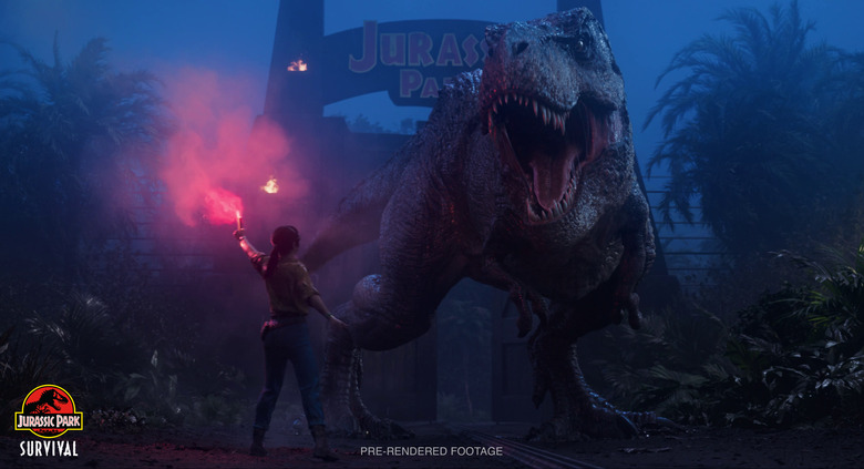 An image of a woman in front of a dinosaur. 