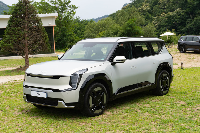 A white Kia EV9 SUV is parked in a grassy park area with woods in the background.