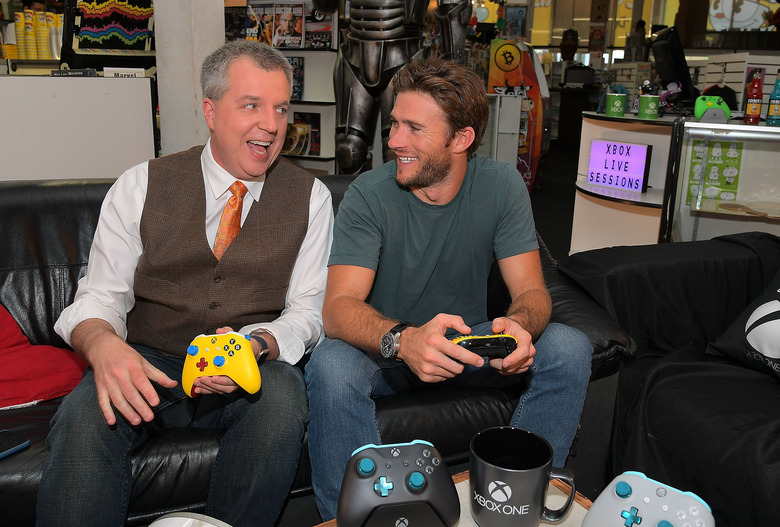 LOS ANGELES, CA - SEPTEMBER 29:  Larry Hyrb XBox Live's Major Nelson (L) and Scott Eastwood participate in Xbox Live Sessions With Scott Eastwood For Cuphead on Mixer.com/xbox at Meltdown Comics and Collectibles on September 29, 2017 in Los Angeles, California.  (Photo by Charley Gallay/Getty Images for Xbox Live )