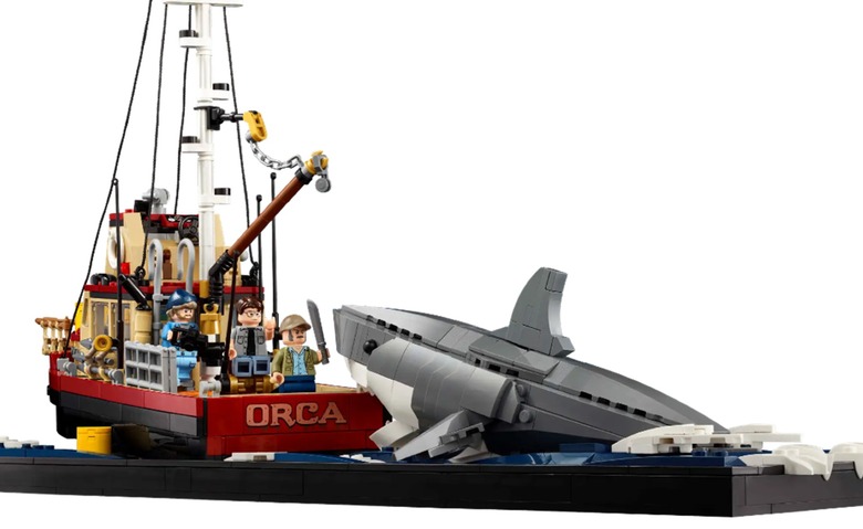 The Lego Jaws set assembled, showing the boat, shark and minifigures