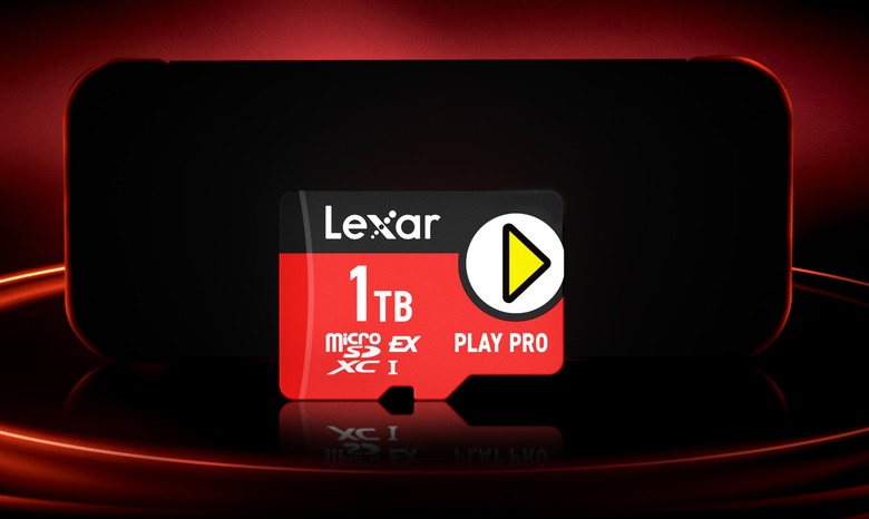 Lexar 1TB play pro microSD Express card pictured in front of a dark Nintendo Switch 2, which is lit from behind with red light