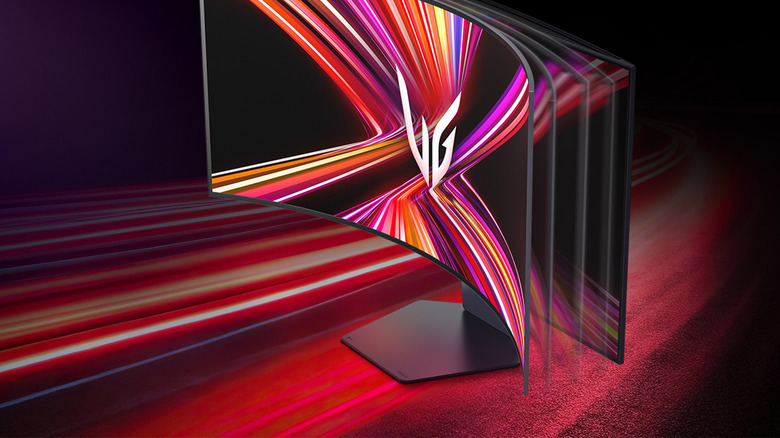 LG's new bendable, curved OLED gaming monitor on a red background.