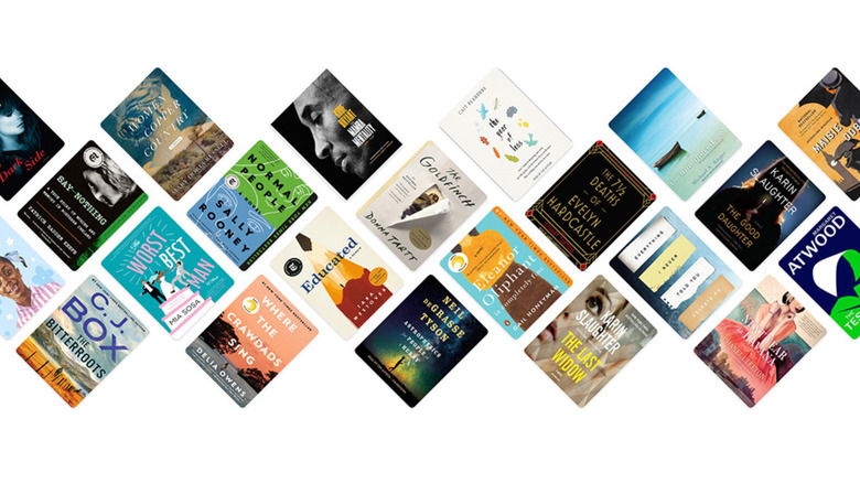 An array of book covers, arranged in a zig-zag pattern.