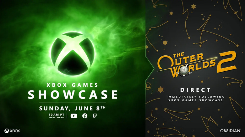 A banner image displaying posters for the Xbox Games Showcase and The Outer Worlds 2 Direct side by side
