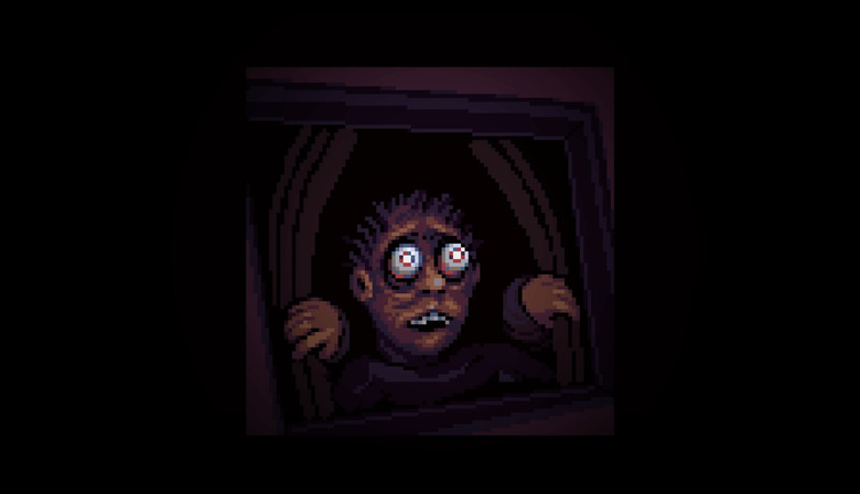 A still from the game Look Outside showing a man pulling back curtains to look out the window, in a grotesque pixel art style. His eyes are bulging out of his head